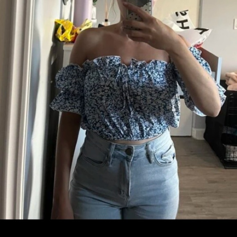 SHEIN VCAY Ditsy Floral Print Off Shoulder Frill Trim Tie Front Crop Blouse L - Picture 10 of 16